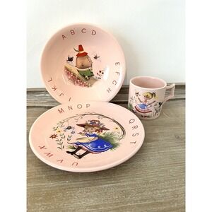 Vtg James Kent Old Foley England Nursery Rhyme Cup Bowl Plate Set Pink Alphabet